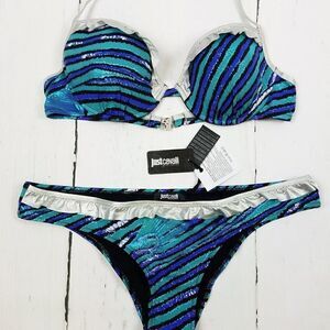 New Just Cavalli Women Stretch Bikini Blue Silver Push-Up Two Piece Swimsuit